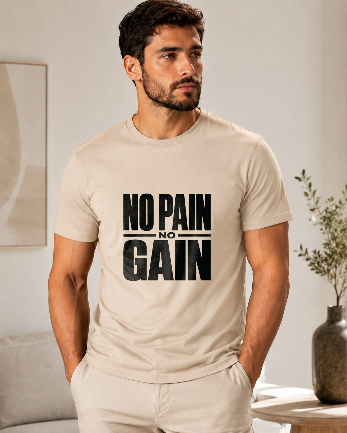ILEERA® Premium Cotton Regular Fit No Pain No Gain Print T-Shirt