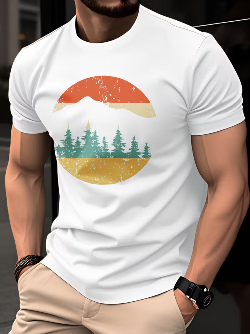 ILEERA® Premium Cotton Regular Fit Mountain Sunset T-Shirt